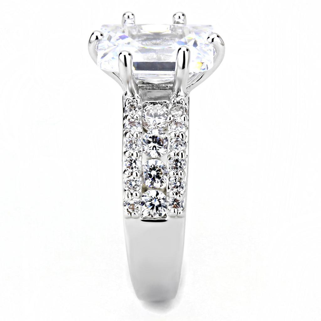 3W1532 Rhodium Brass Ring featuring a clear AAA Grade CZ center stone, showcasing its elegant design and luxurious finish.
