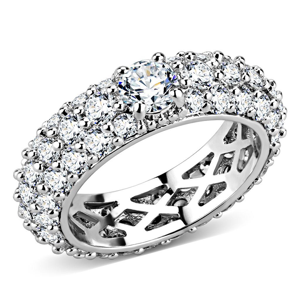 3W1534 Rhodium Brass Ring featuring a clear AAA Grade CZ stone, showcasing its elegant design and luxurious finish.