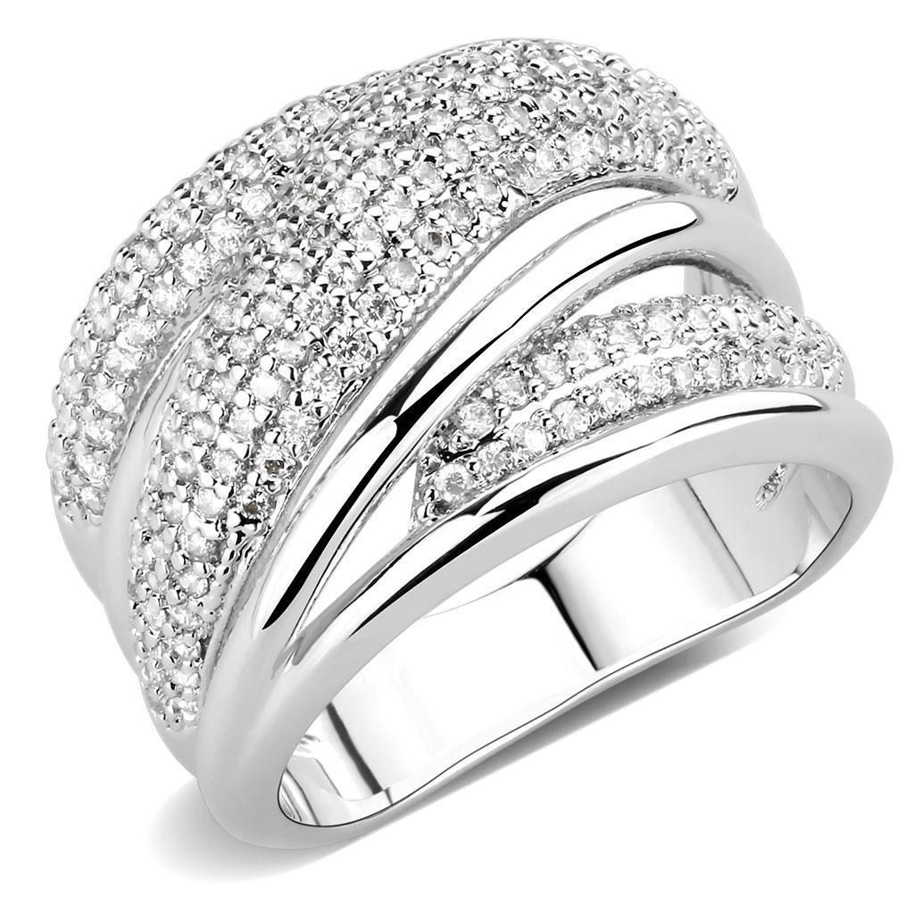 3W1544 Rhodium Brass Ring featuring AAA Grade Clear CZ, showcasing its elegant design and brilliant sparkle.