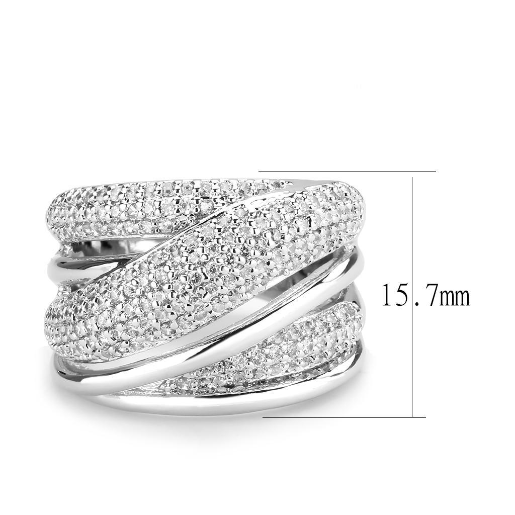 3W1544 Rhodium Brass Ring featuring AAA Grade Clear CZ, showcasing its elegant design and brilliant sparkle.