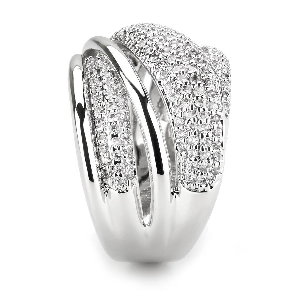 3W1544 Rhodium Brass Ring featuring AAA Grade Clear CZ, showcasing its elegant design and brilliant sparkle.