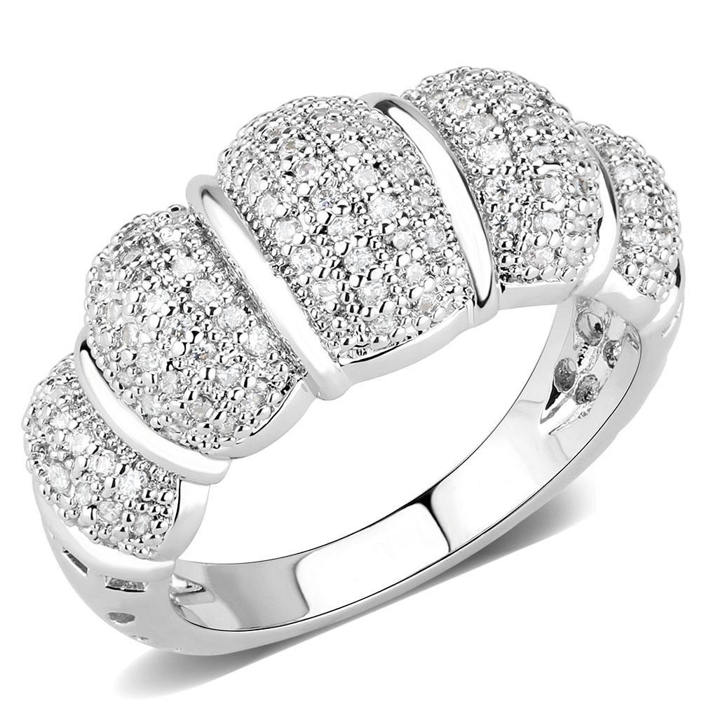 3W1540 Rhodium Brass Ring featuring a clear AAA Grade CZ center stone, showcasing its elegant design and shiny finish.