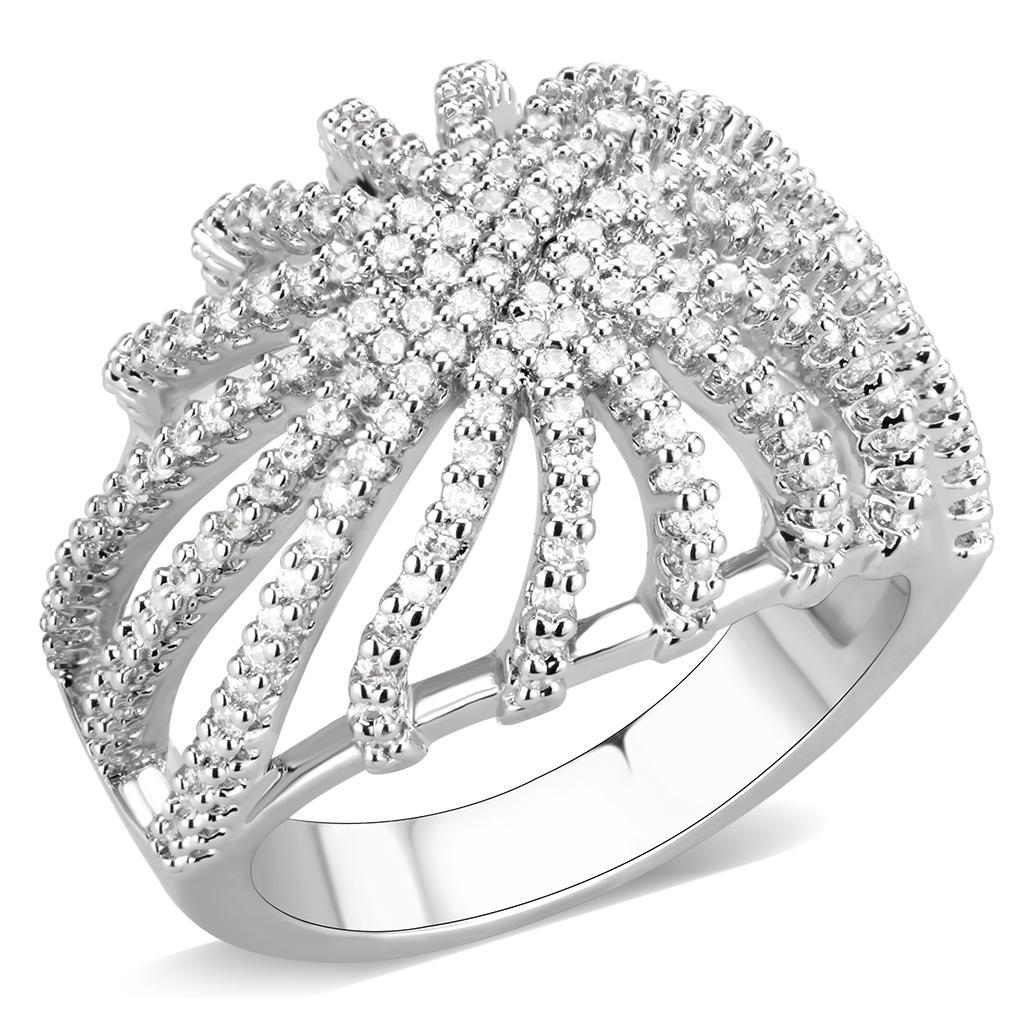 3W1547 Rhodium Brass Ring featuring a clear AAA Grade CZ stone, showcasing its elegant design and luxurious finish.