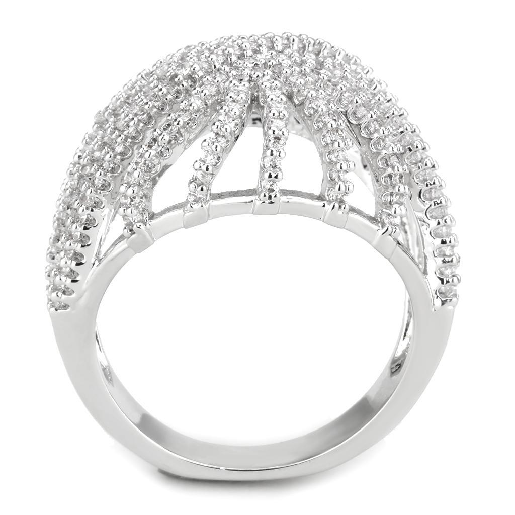 3W1547 Rhodium Brass Ring featuring a clear AAA Grade CZ stone, showcasing its elegant design and luxurious finish.