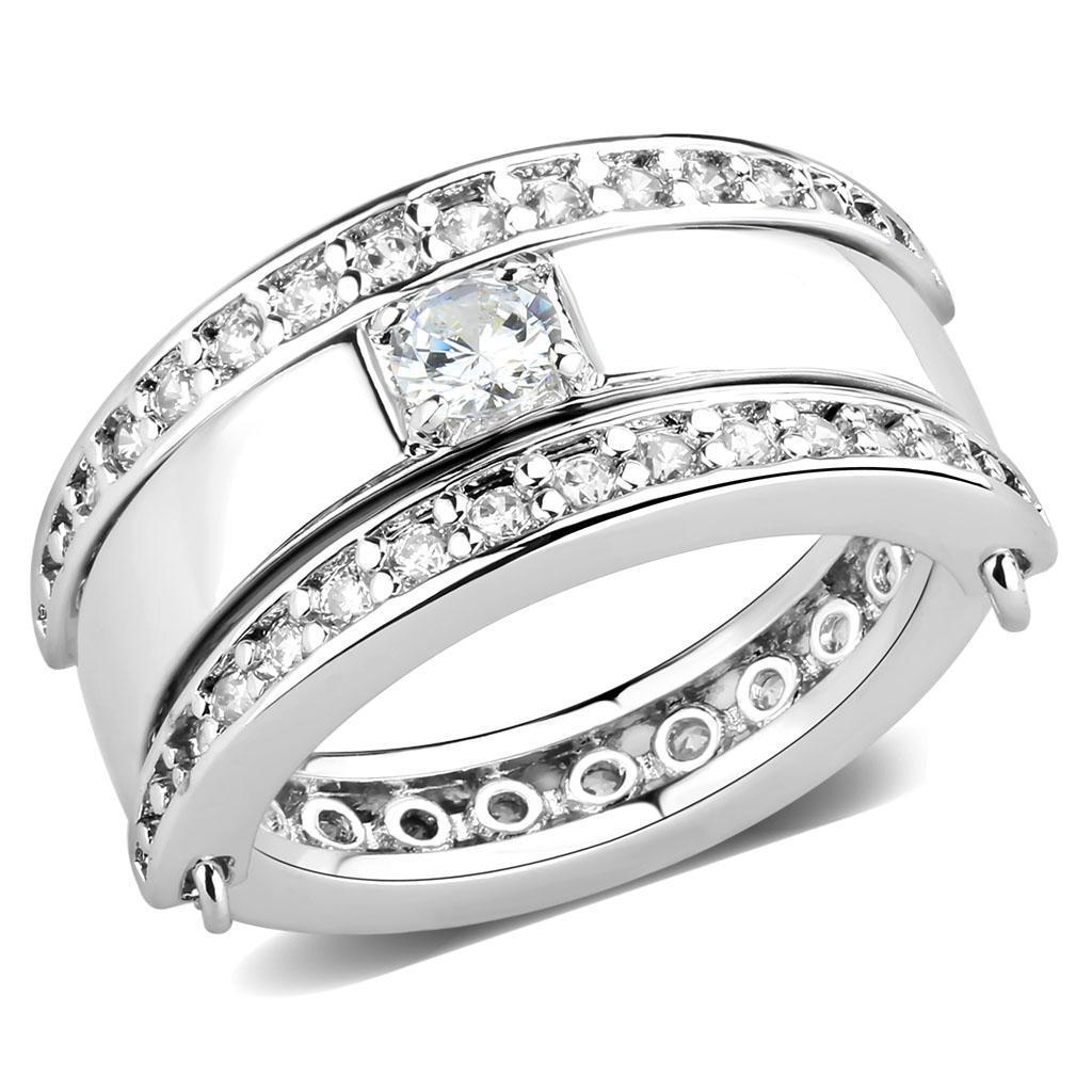 3W1549 Rhodium Brass Ring featuring a clear AAA Grade CZ stone, showcasing its elegant design and shiny finish.