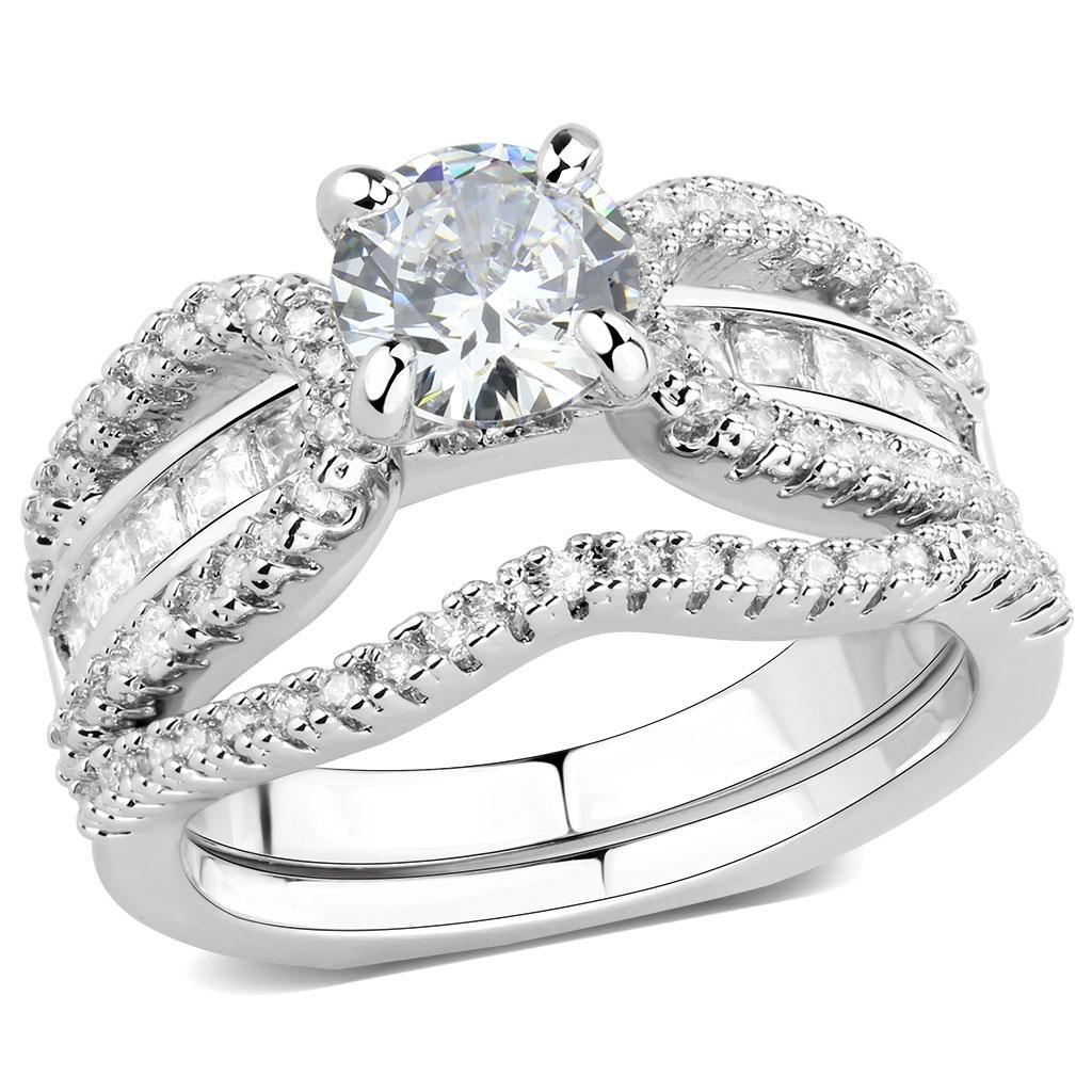3W1556 Rhodium Brass Ring featuring a clear AAA Grade CZ stone, showcasing its elegant design and shiny finish.