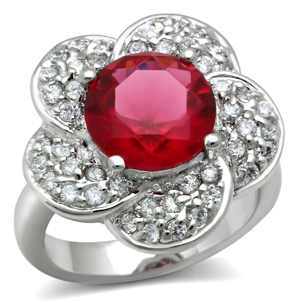 3W156 Rhodium Brass Ring featuring vibrant Siam synthetic glass, showcasing its elegant design and luxurious finish.