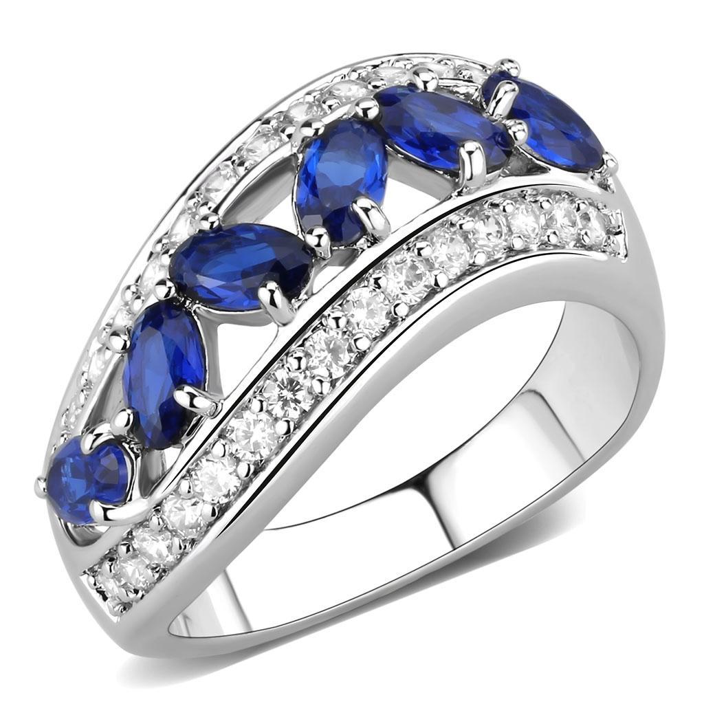 3W1569 Rhodium Brass Ring featuring a London Blue Synthetic Spinel, showcasing its elegant design and vibrant color.