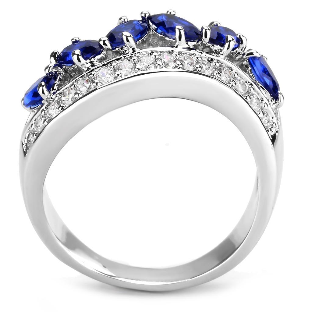 3W1569 Rhodium Brass Ring featuring a London Blue Synthetic Spinel, showcasing its elegant design and vibrant color.