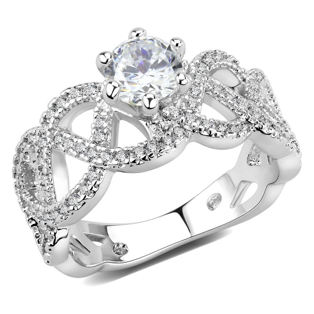 3W1577 Rhodium Brass Ring featuring a clear AAA Grade CZ stone, showcasing its elegant design and luxurious finish.