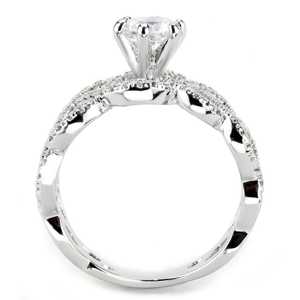 3W1577 Rhodium Brass Ring featuring a clear AAA Grade CZ stone, showcasing its elegant design and luxurious finish.