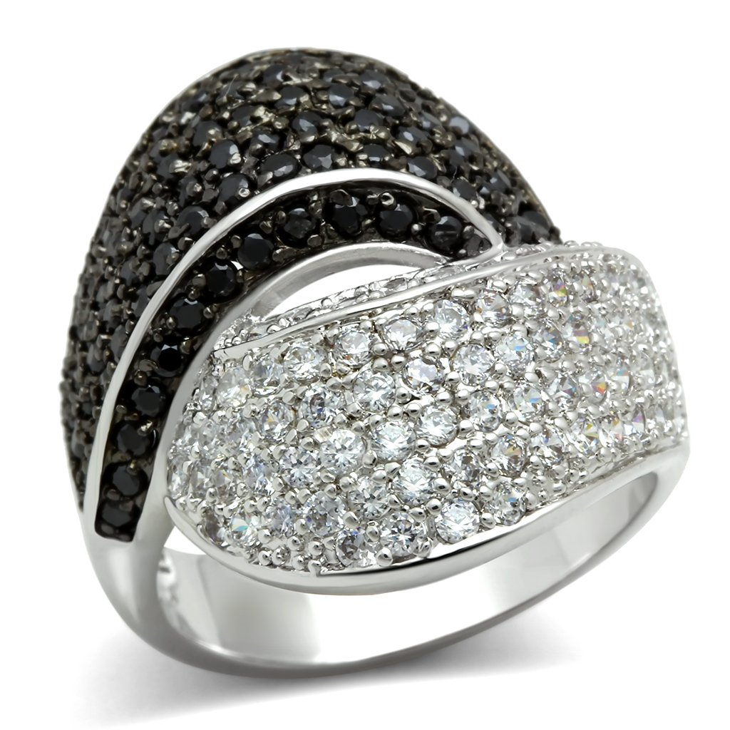 3W157 Rhodium and Ruthenium Brass Ring featuring a jet-colored AAA Grade CZ stone, showcasing its elegant design and luxurious finish.