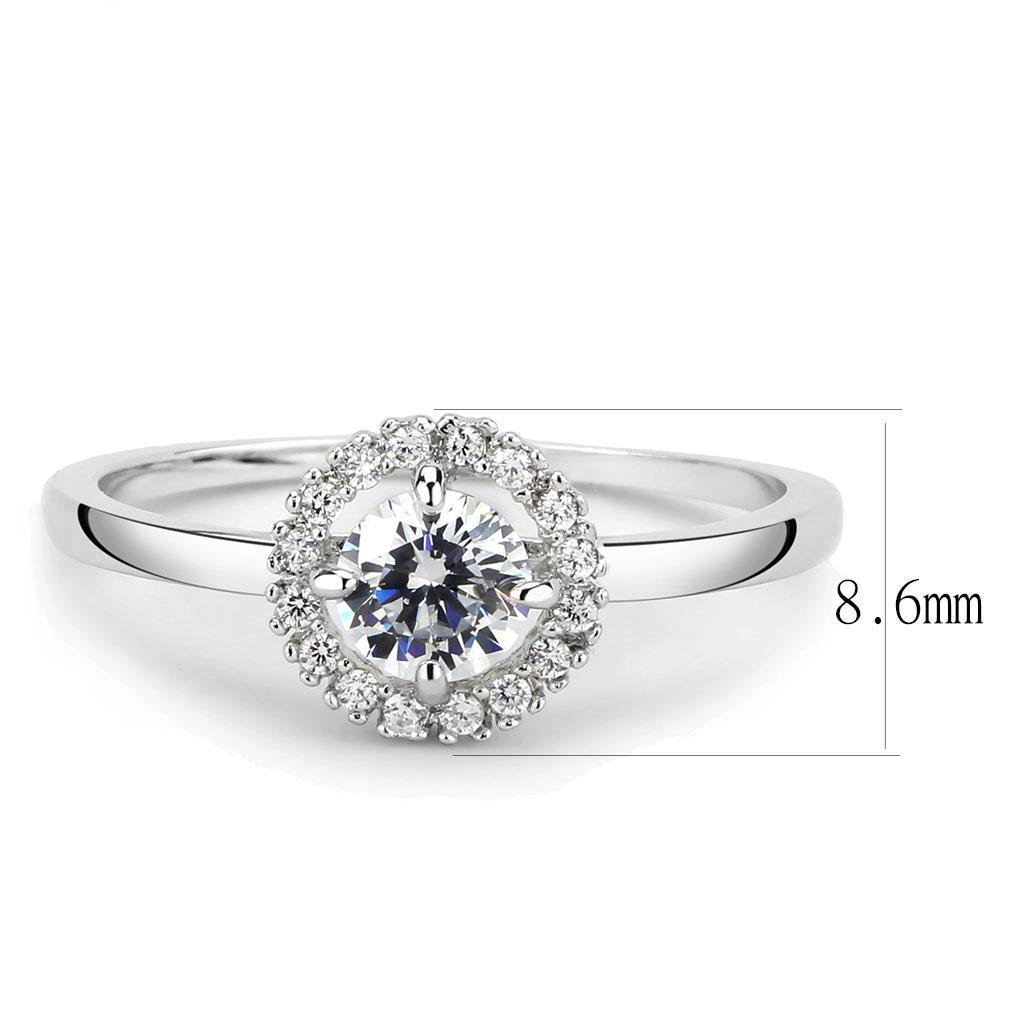 3W1570 Rhodium Brass Ring featuring a clear AAA Grade CZ stone, showcasing its elegant design and shiny finish.