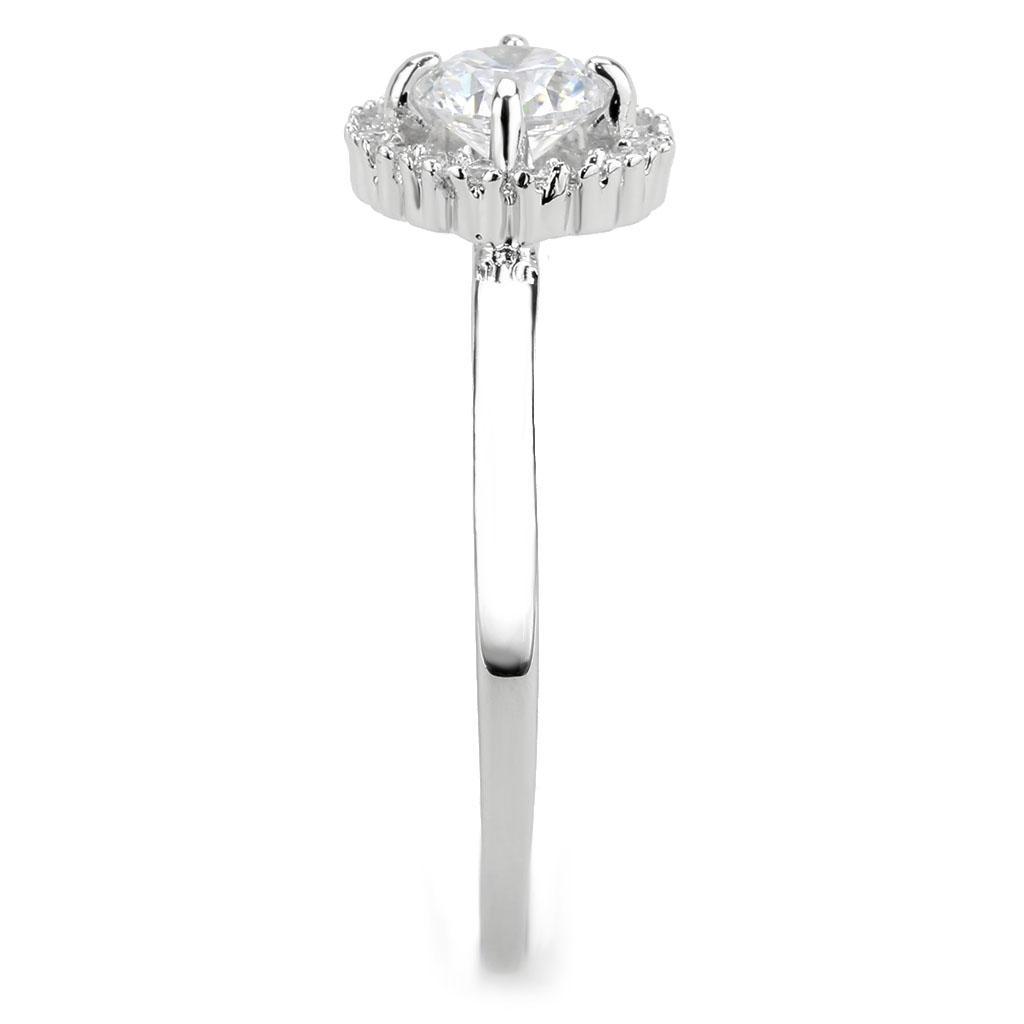 3W1570 Rhodium Brass Ring featuring a clear AAA Grade CZ stone, showcasing its elegant design and shiny finish.