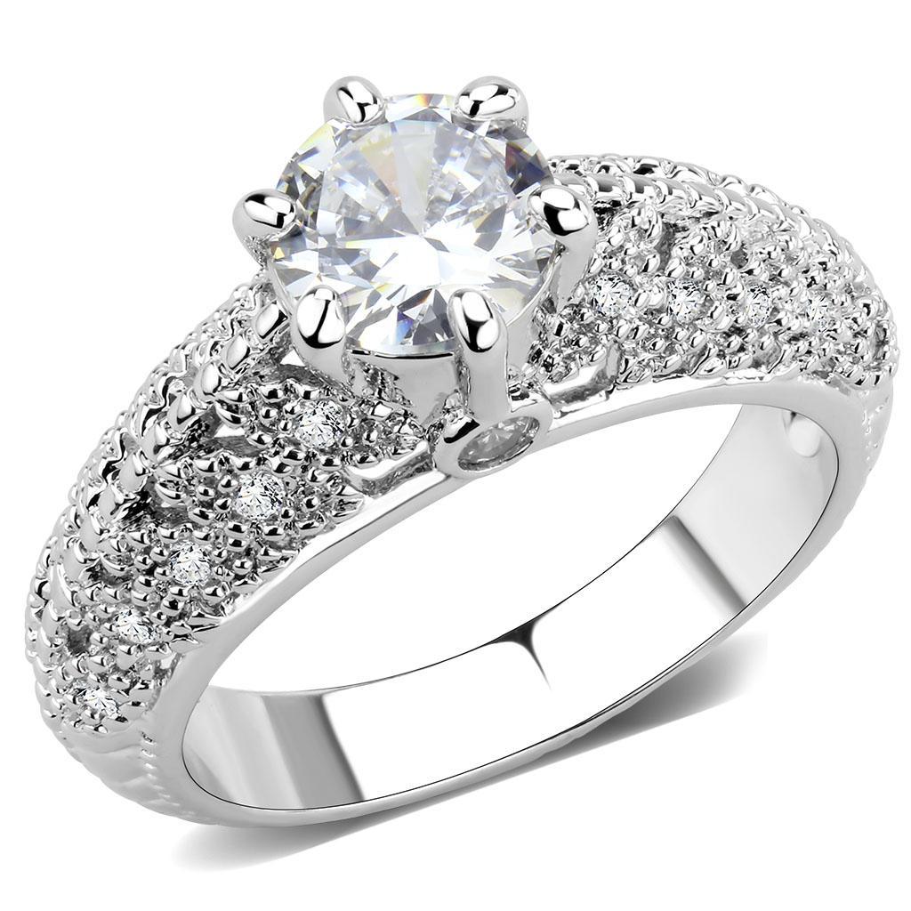 3W1576 Rhodium Brass Ring featuring a clear AAA Grade CZ stone, showcasing its elegant design and shiny finish.