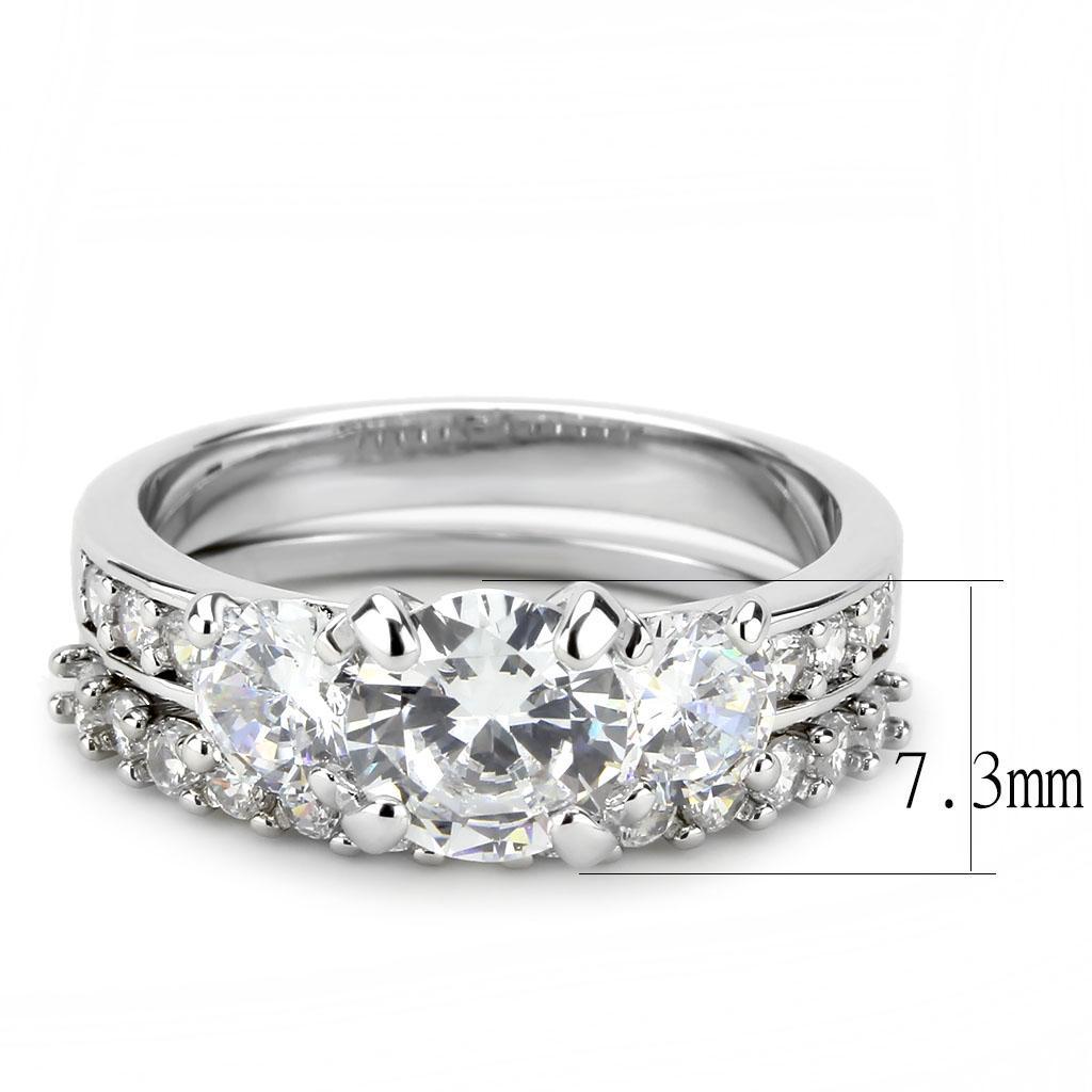 3W1588 Rhodium Brass Ring featuring a clear AAA Grade CZ center stone, showcasing its elegant design and high-quality craftsmanship.