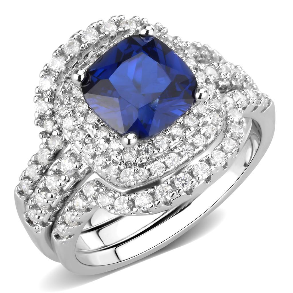 3W1599 Rhodium Brass Ring featuring a vibrant London Blue Synthetic Spinel, showcasing its elegant design and quality craftsmanship.