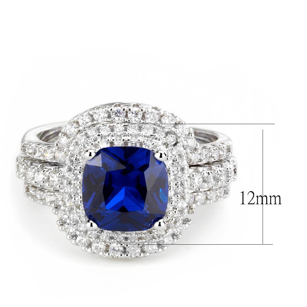 3W1599 Rhodium Brass Ring featuring a vibrant London Blue Synthetic Spinel, showcasing its elegant design and quality craftsmanship.