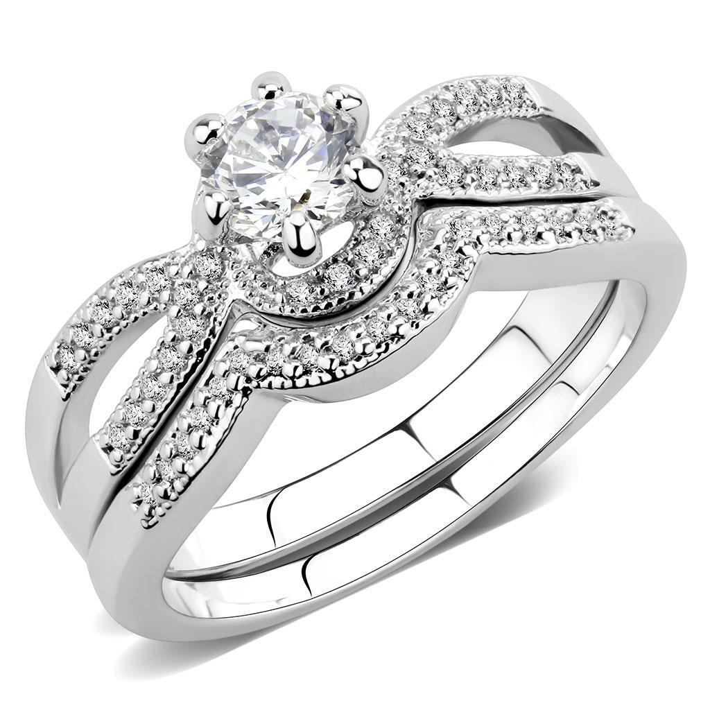 3W1592 Rhodium Brass Ring featuring a clear AAA Grade CZ stone, showcasing its elegant design and luxurious finish.