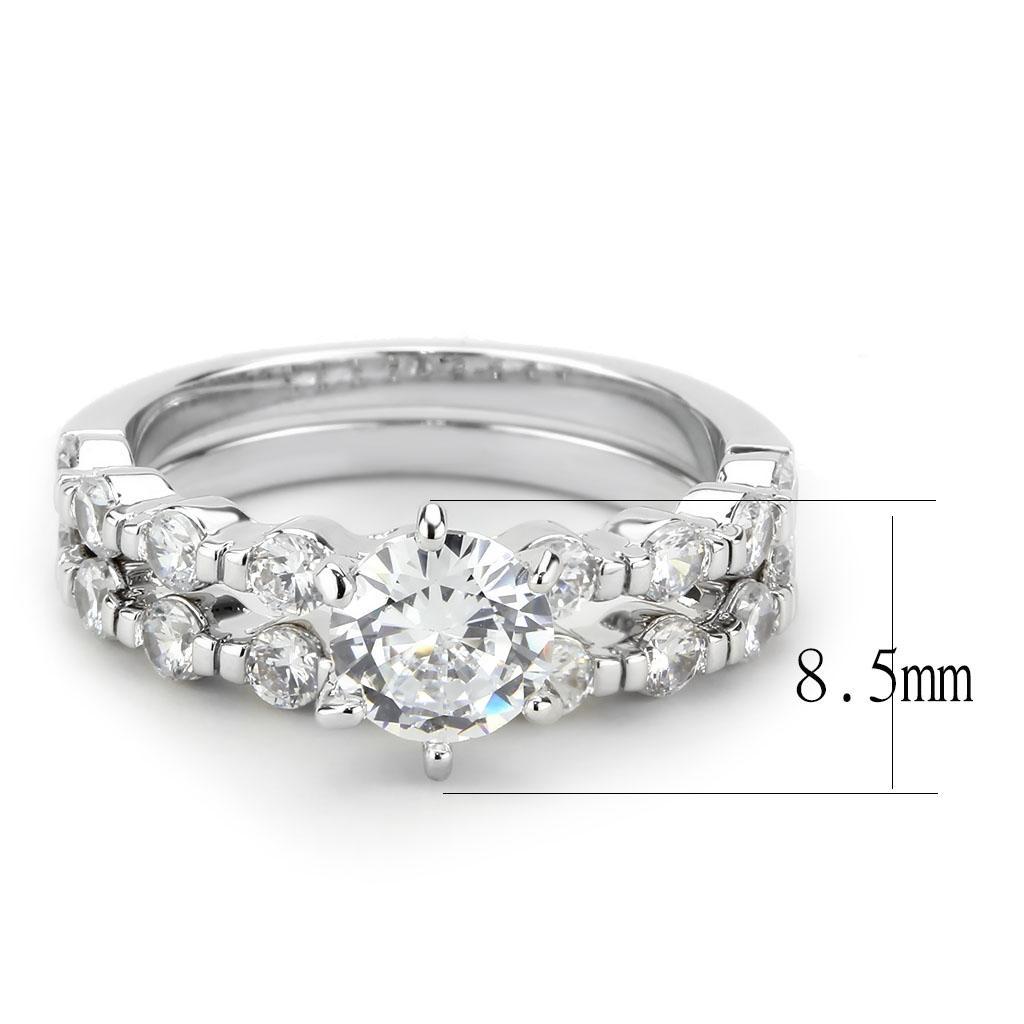 3W1593 Rhodium Brass Ring featuring a clear AAA Grade CZ stone, showcasing its elegant design and luxurious finish.