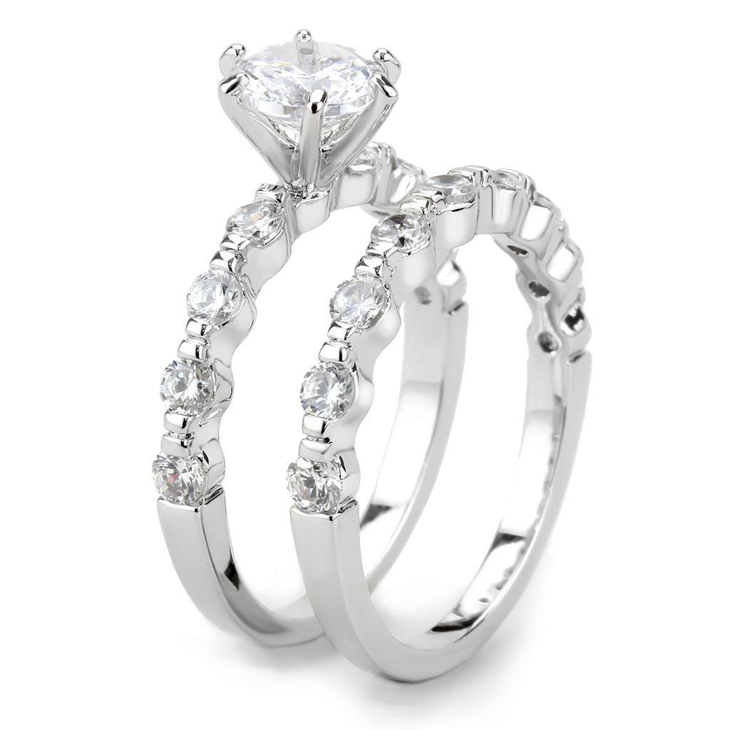 3W1593 Rhodium Brass Ring featuring a clear AAA Grade CZ stone, showcasing its elegant design and luxurious finish.
