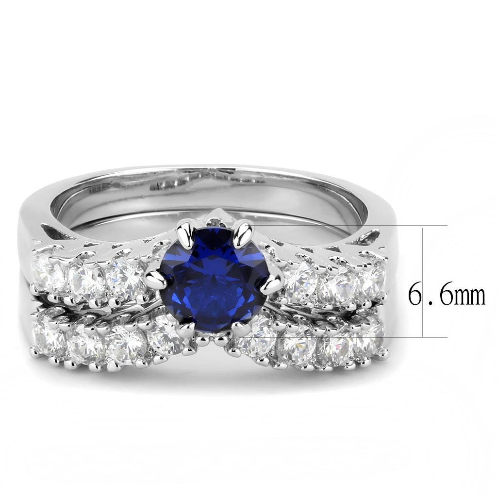 3W1596 Rhodium Brass Ring featuring a stunning AAA Grade London Blue CZ stone, showcasing elegance and craftsmanship.