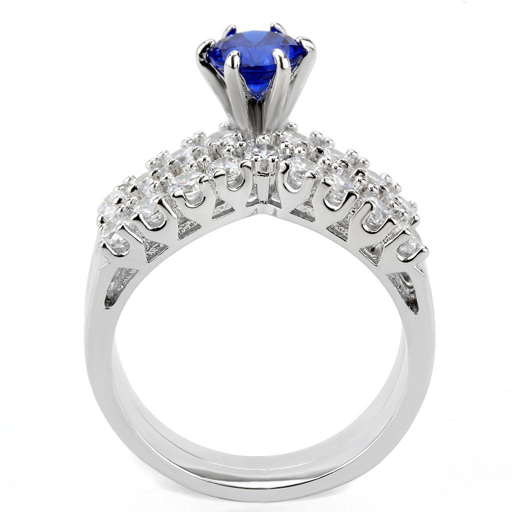 3W1596 Rhodium Brass Ring featuring a stunning AAA Grade London Blue CZ stone, showcasing elegance and craftsmanship.