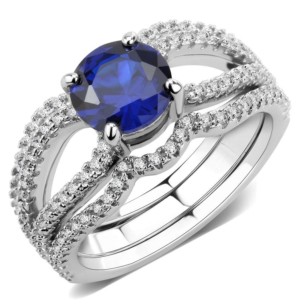 3W1597 Rhodium Brass Ring featuring AAA Grade CZ in London Blue, showcasing its elegant design and sparkling center stone.