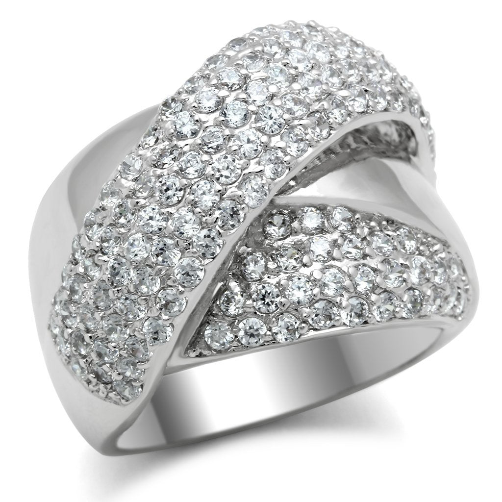 3W160 Rhodium Brass Ring featuring a clear AAA Grade CZ stone, showcasing its elegant design and luxurious finish.