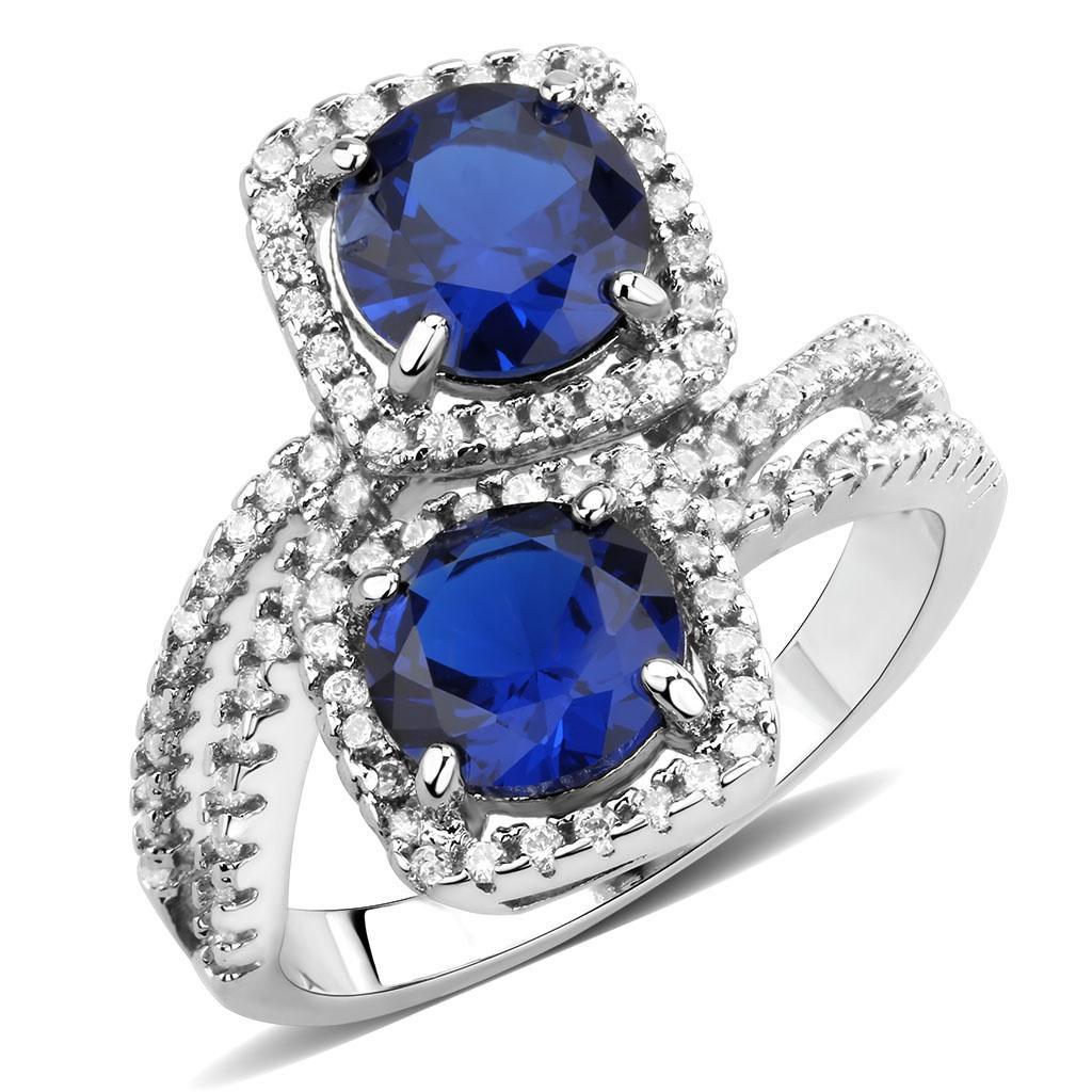 3W1600 Rhodium Brass Ring featuring AAA Grade CZ in London Blue, showcasing its elegant design and brilliant stone.