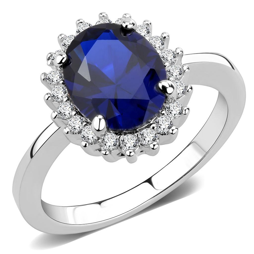 3W1602 Rhodium Brass Ring featuring a large AAA Grade CZ stone in London Blue, showcasing its elegant design and luxurious finish.
