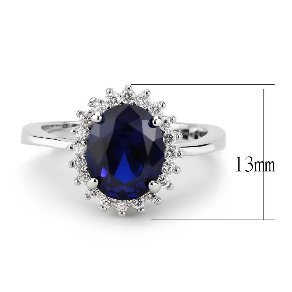 3W1602 Rhodium Brass Ring featuring a large AAA Grade CZ stone in London Blue, showcasing its elegant design and luxurious finish.