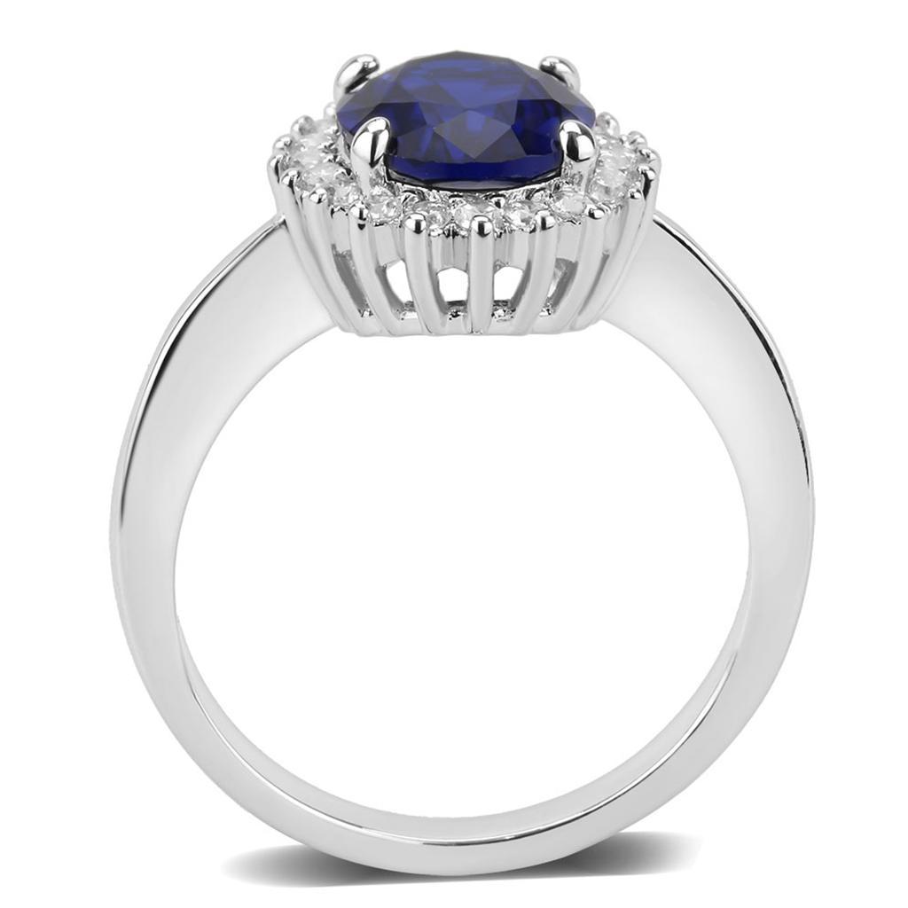 3W1602 Rhodium Brass Ring featuring a large AAA Grade CZ stone in London Blue, showcasing its elegant design and luxurious finish.