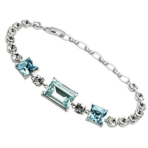 3W176 Rhodium Brass Bracelet featuring a sea blue top grade crystal, showcasing its elegant design and luxurious finish.