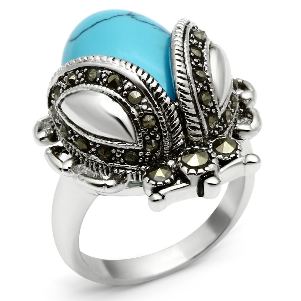 3W181 Rhodium Brass Ring featuring a vibrant synthetic turquoise stone in sea blue, elegantly designed for everyday wear.