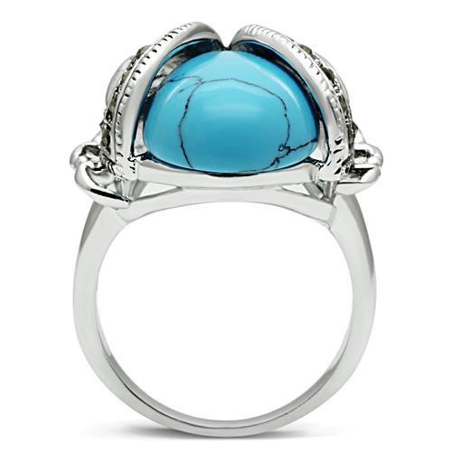 3W181 Rhodium Brass Ring featuring a vibrant synthetic turquoise stone in sea blue, elegantly designed for everyday wear.