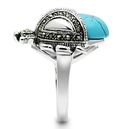 3W181 Rhodium Brass Ring featuring a vibrant synthetic turquoise stone in sea blue, elegantly designed for everyday wear.
