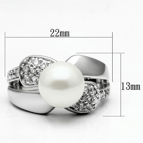 3W182 Rhodium Brass Ring featuring a synthetic white pearl, showcasing its elegant design and shiny finish.