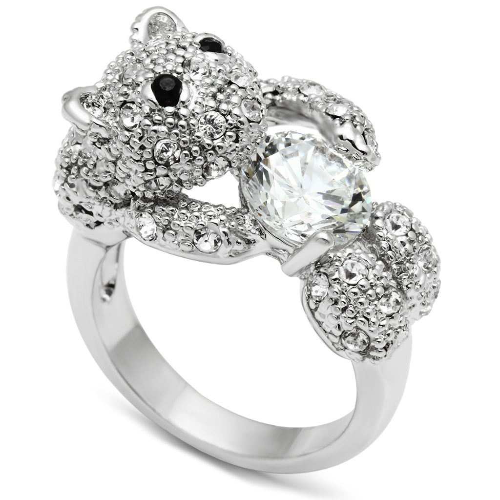 3W187 Rhodium Brass Ring featuring a clear AAA Grade CZ stone, elegantly designed with a shiny finish.