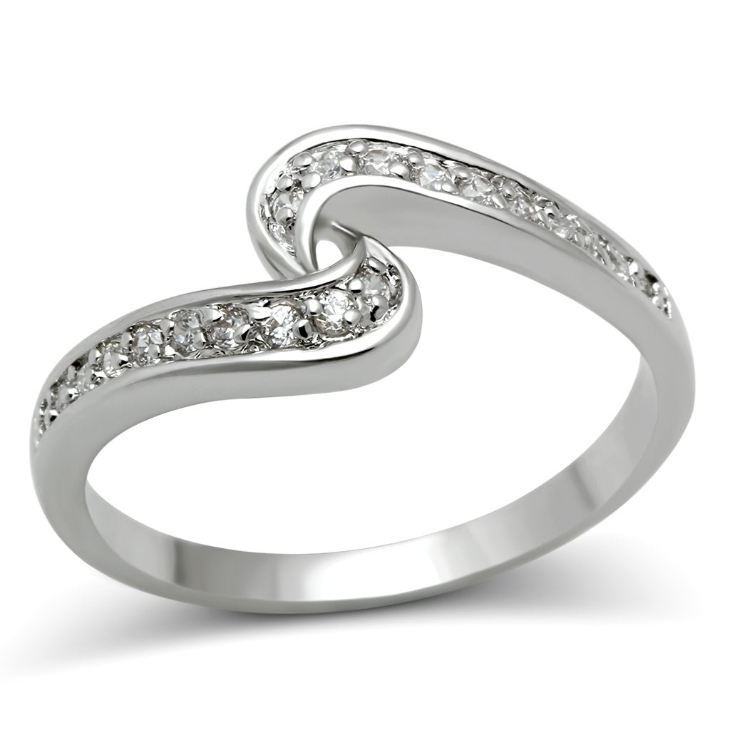 3W119 Rhodium Brass Ring featuring a clear AAA Grade CZ stone, showcasing its elegant design and shiny finish.