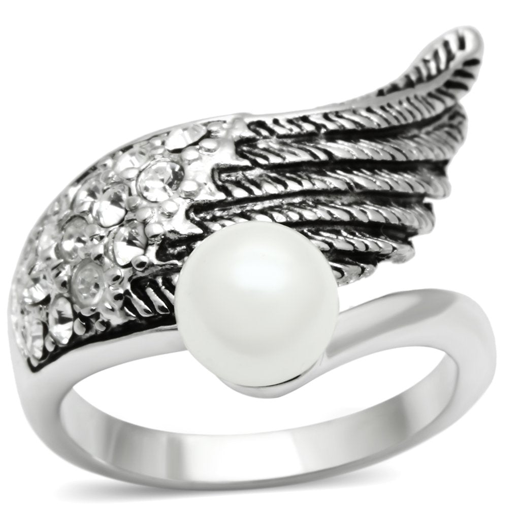 3W191 Rhodium Brass Ring featuring a synthetic white pearl centerpiece, showcasing elegance and craftsmanship.