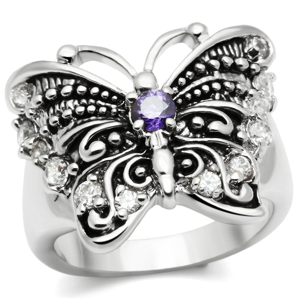 3W204 Rhodium Brass Ring featuring AAA Grade CZ in Amethyst, showcasing its elegant design and sparkling center stone.