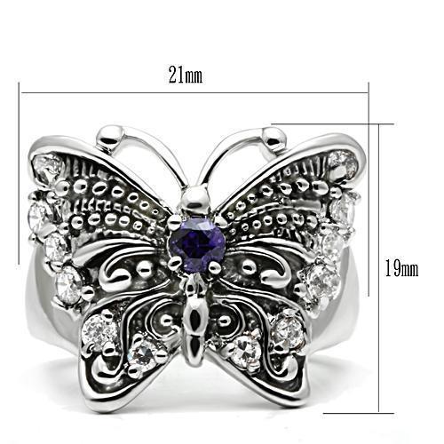 3W204 Rhodium Brass Ring featuring AAA Grade CZ in Amethyst, showcasing its elegant design and sparkling center stone.