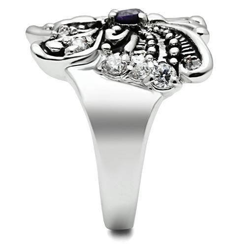 3W204 Rhodium Brass Ring featuring AAA Grade CZ in Amethyst, showcasing its elegant design and sparkling center stone.