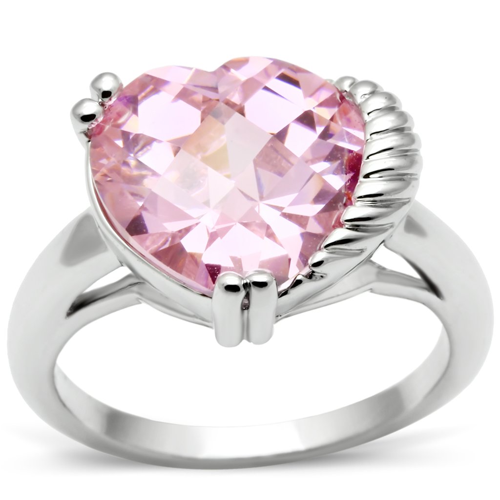 3W206 Rhodium Brass Ring featuring a large AAA Grade CZ stone in rose color, showcasing its elegant design and luxurious finish.