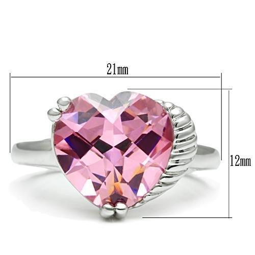 3W206 Rhodium Brass Ring featuring a large AAA Grade CZ stone in rose color, showcasing its elegant design and luxurious finish.