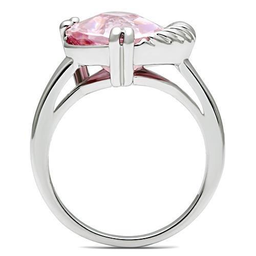 3W206 Rhodium Brass Ring featuring a large AAA Grade CZ stone in rose color, showcasing its elegant design and luxurious finish.