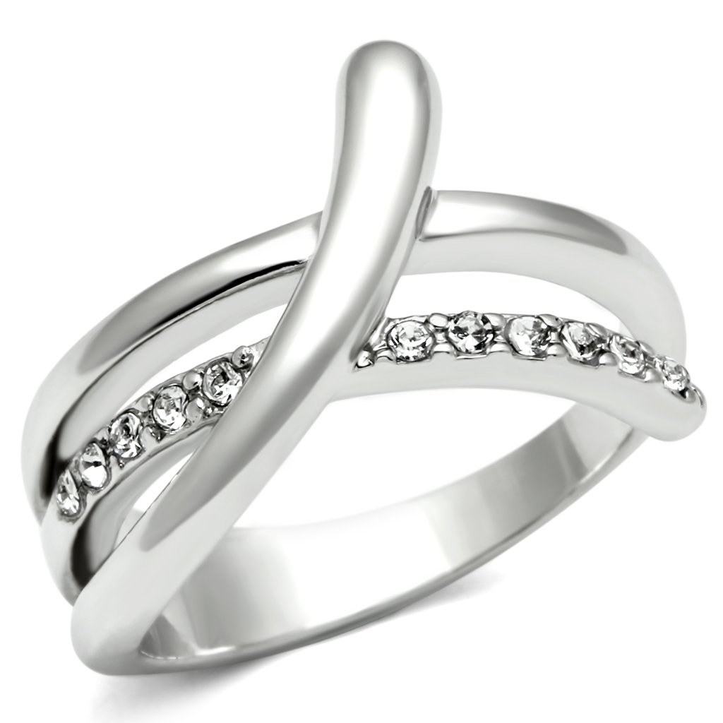 3W216 Rhodium Brass Ring featuring a clear top grade crystal, showcasing its elegant design and luxurious finish.