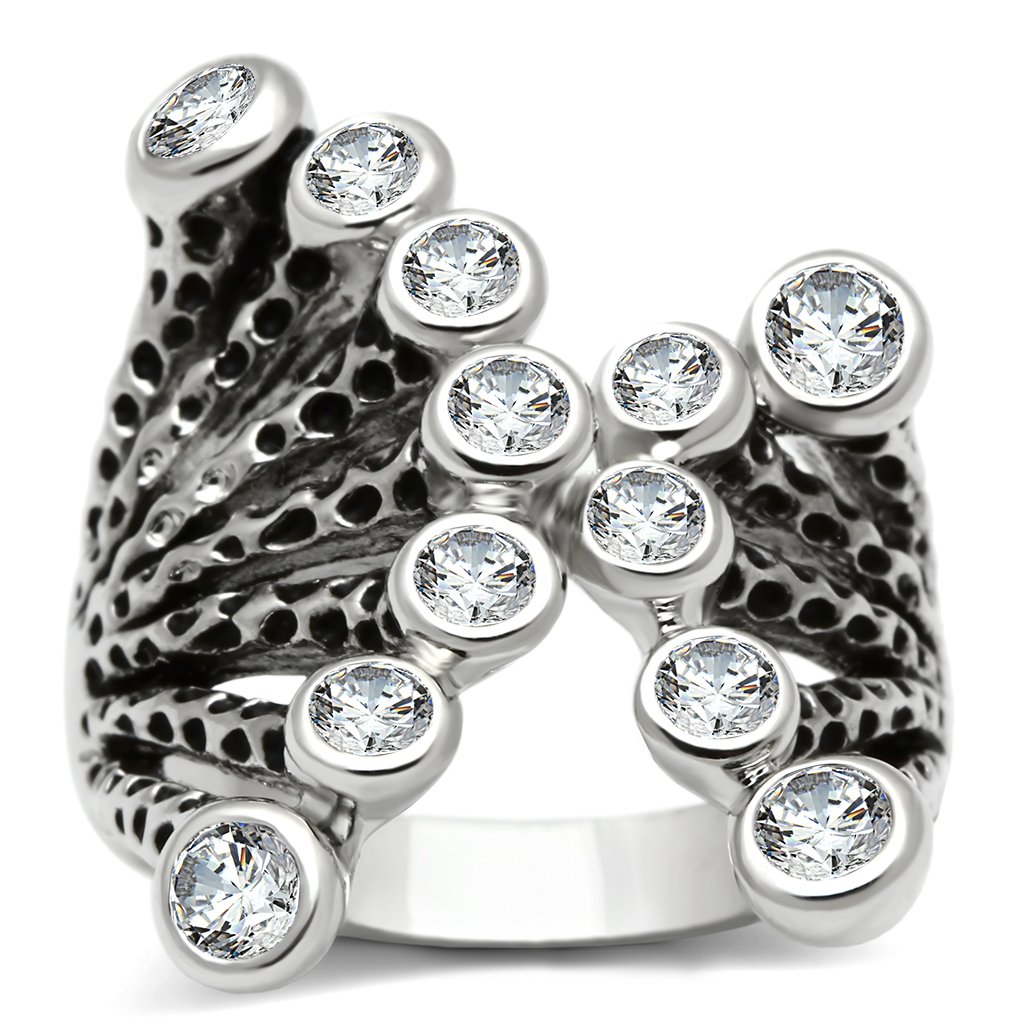 3W218 Rhodium Brass Ring featuring a clear AAA Grade CZ stone, showcasing its elegant design and shiny finish.