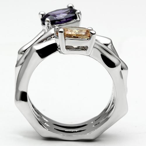 3W224 Rhodium Brass Ring featuring a multi-color AAA Grade CZ stone, elegantly designed for stylish wear.